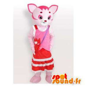 T branco mascote gato cor de rosa vestida em um vestido vermelho - MASFR006184 - Mascotes gato