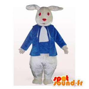 Vit kaninmaskot med blå väst. Bunny kostym - Spotsound maskot
