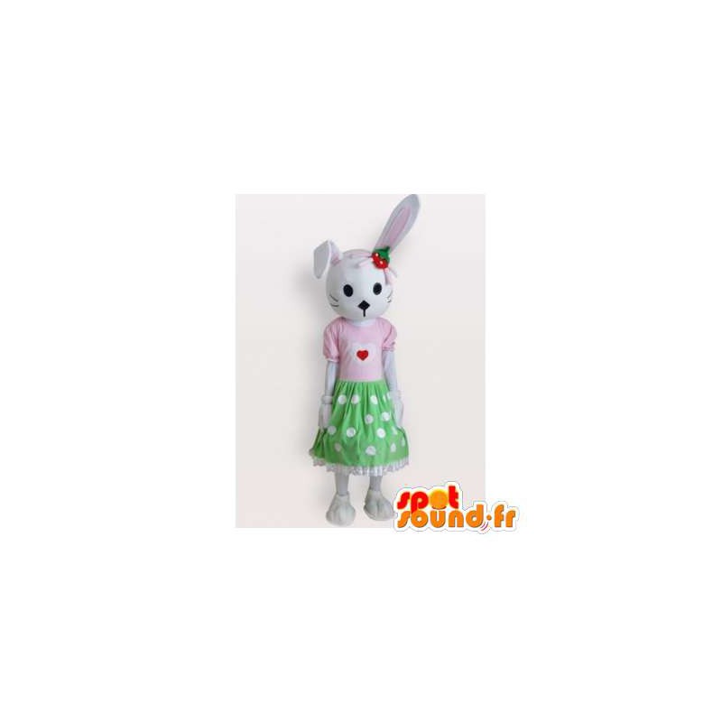 Kaninmaskot i rosa och grön klänning. Bunny kostym - Spotsound