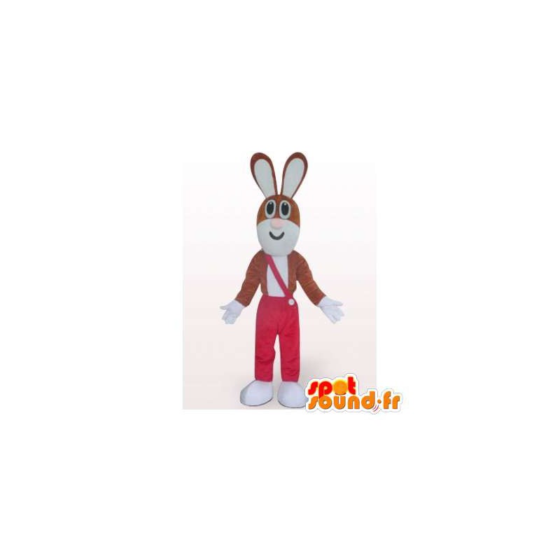 Brun och vit kaninmaskot i röd overall - Spotsound maskot