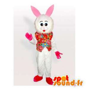 Vit kaninmaskot med en blommig röd skjorta - Spotsound maskot
