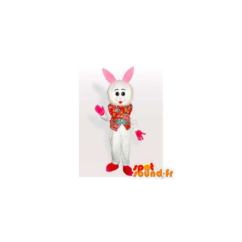 Vit kaninmaskot med en blommig röd skjorta - Spotsound maskot
