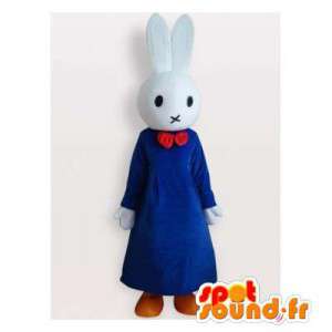 Bílý králík maskot modré šaty