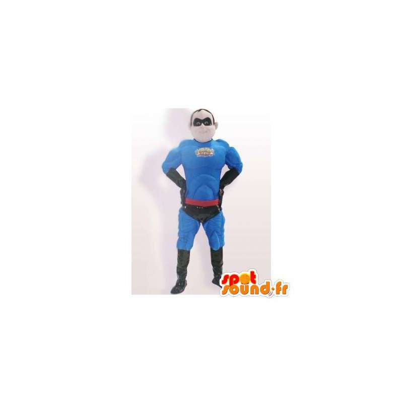 Blå superheltmaskot, muskuløs. Superhelt kostume - Spotsound