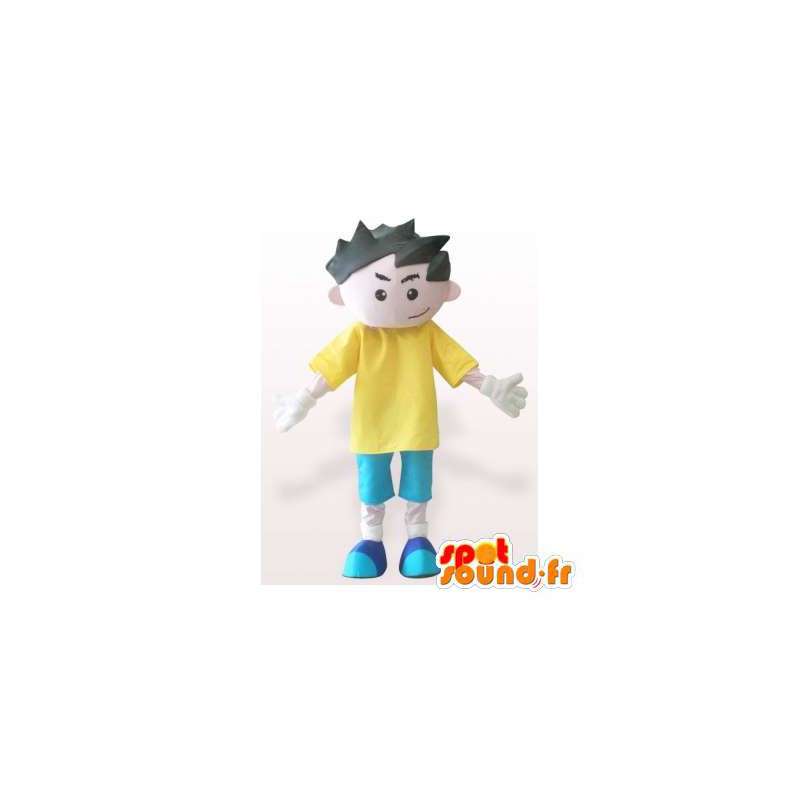 Pojkemaskot i blå och gul outfit. Skolpojkedräkt - Spotsound