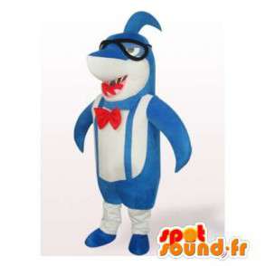 Blå og hvid haj maskot med briller - Spotsound maskot kostume