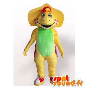 Mascot dinosaurio amarillo y verde con guisantes rojos - MASFR006283 - Dinosaurio de mascotas