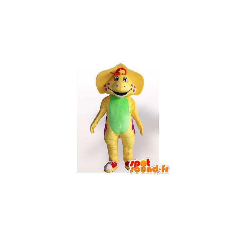 Gele en groene dinosaurus mascotte met rode stippen - MASFR006283 - Dinosaur Mascot