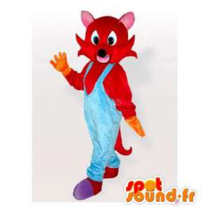 Czerwony kot maskotka w niebieskich kombinezonach - MASFR006291 - Cat Maskotki