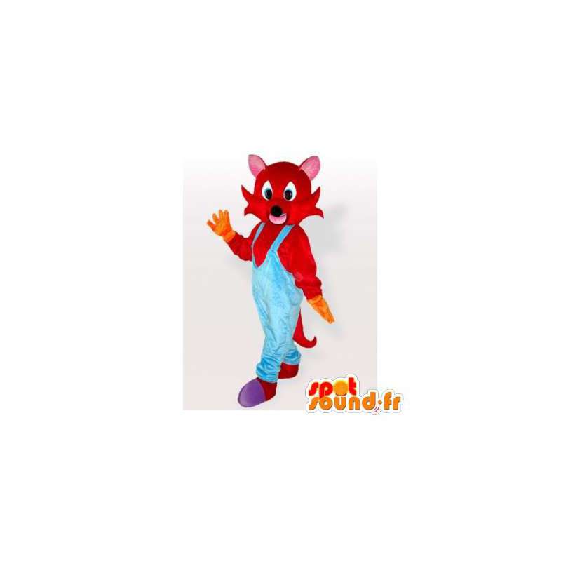 Rød kat maskot i blå overall - Spotsound maskot kostume