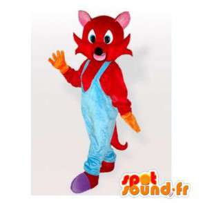 Mascotte de chat rouge en salopette bleue - MASFR006291 - Mascottes de chat