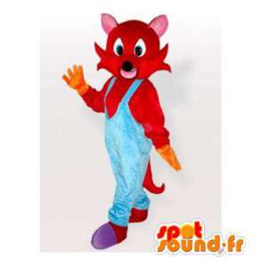 Rød kat maskot i blå overall - Spotsound maskot kostume