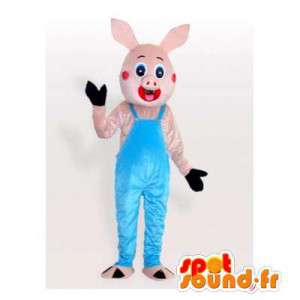 Kleine roze varken mascotte in blauwe overalls - MASFR006299 - Pig Mascottes