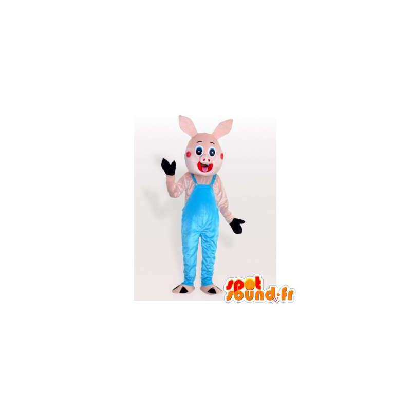 Kleine roze varken mascotte in blauwe overalls - MASFR006299 - Pig Mascottes