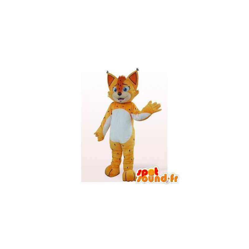 Mascotte de chat, jaune, orange et blanc avec des taches noires - MASFR006305 - Mascottes de chat