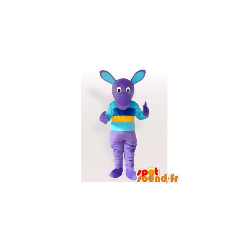 Lilla kænguru-maskot klædt i blå og gul - Spotsound maskot