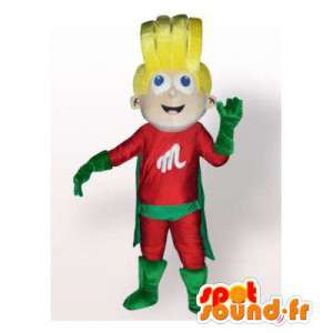 Mascot loira super-herói terno vermelho e verde - MASFR006350 - super-herói mascote