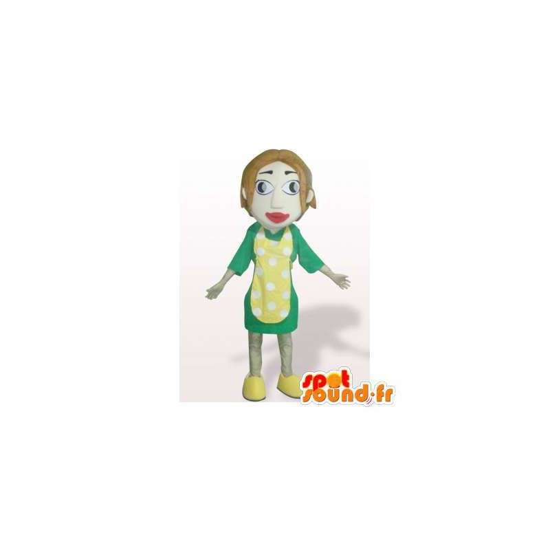 Mascot donna in abito verde con un grembiule giallo - MASFR006371 - Donna di mascotte
