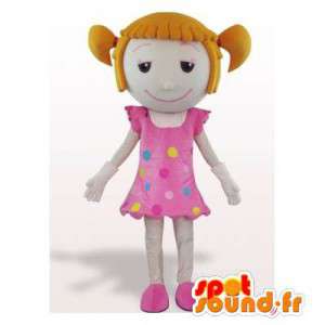 Mascotte de fillette à couettes avec une robe rose - MASFR006373 - Mascottes Garçons et Filles