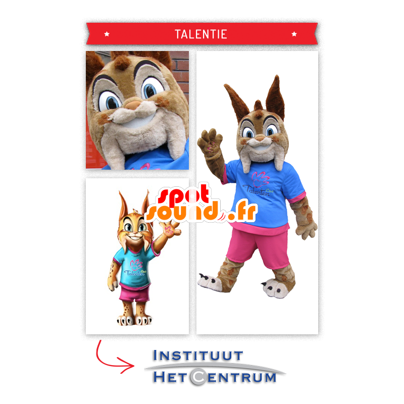 Roztomilý malý rys maskot oblečený v růžové a modré - MASFR20010 - Fox Maskoti Roztomilý malý rys maskot oblečený v růžové a modré - MASFR20010 - Fox Maskoti