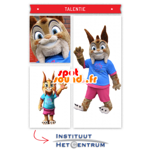 Roztomilý malý rys maskot oblečený v růžové a modré - MASFR20010 - Fox Maskoti