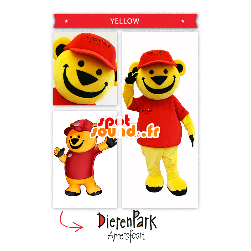 Mascotte big yellow bear dressed in red - MASFR20019 - Bear mascot Mascotte big yellow bear dressed in red - MASFR20019 - Bear mascot