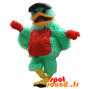 Mascot pájaro verde y rojo con una boina - MASFR20058 - Mascota de aves