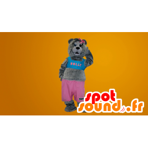 Šedý teddy maskot oblečený v růžové a modré - MASFR20061 - Bear Mascot