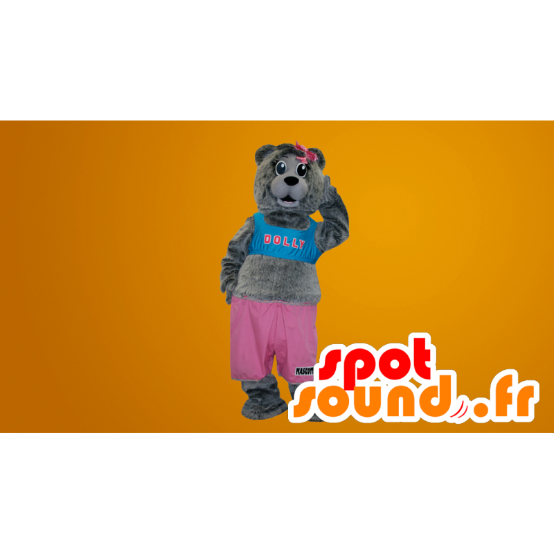 Šedý teddy maskot oblečený v růžové a modré - MASFR20061 - Bear Mascot Šedý teddy maskot oblečený v růžové a modré - MASFR20061 - Bear Mascot