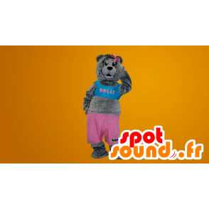 Šedý teddy maskot oblečený v růžové a modré - MASFR20061 - Bear Mascot