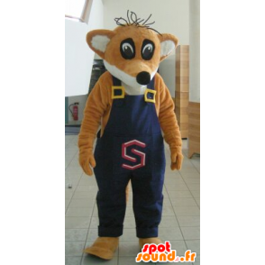 Orange og hvid rævmaskot i overall - Spotsound maskot kostume
