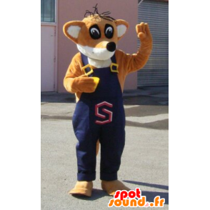 Orange og hvid rævmaskot i overall - Spotsound maskot kostume