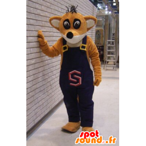 Orange og hvid rævmaskot i overall - Spotsound maskot kostume