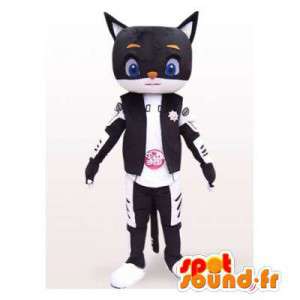 Gatto mascotte in bianco e nero vestito biker - MASFR006388 - Mascotte gatto