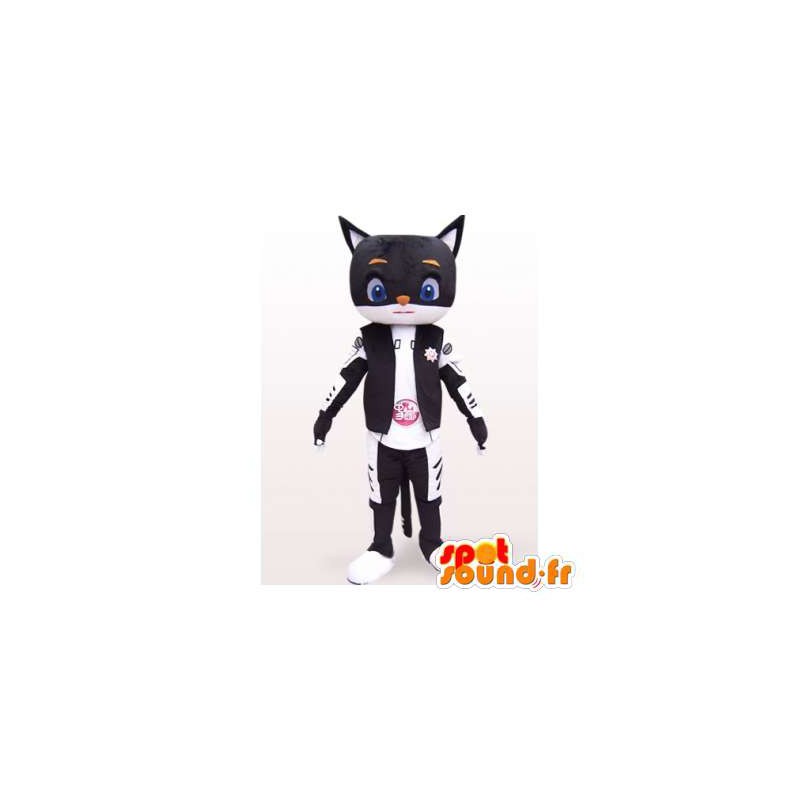 Gatto mascotte in bianco e nero vestito biker - MASFR006388 - Mascotte gatto