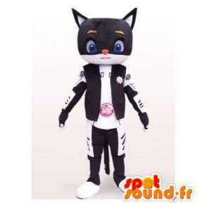 Mascot schwarz-weiße Katze gekleidet Biker - MASFR006388 - Katze-Maskottchen