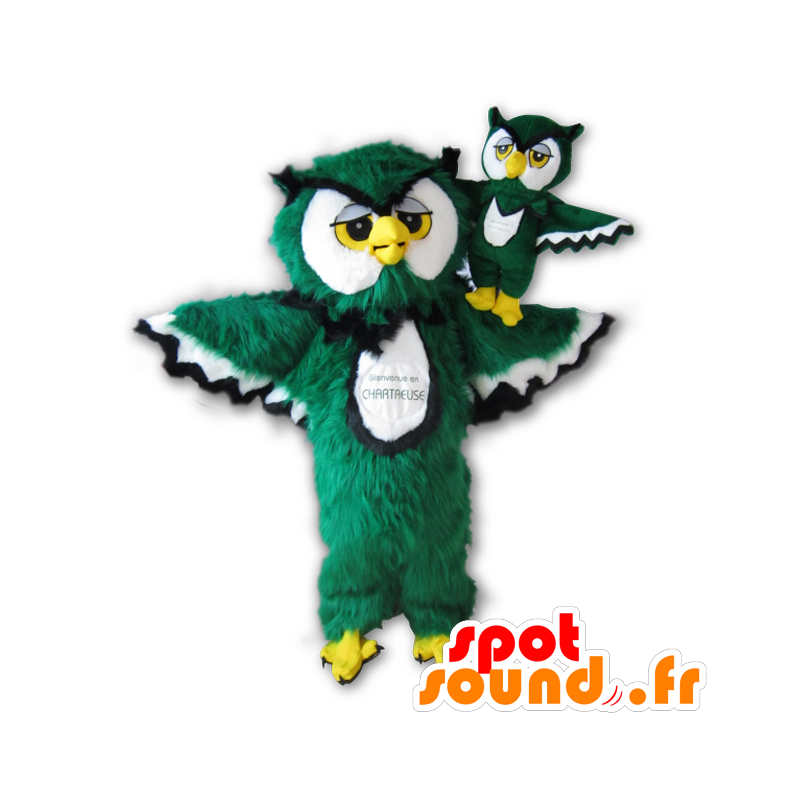 Uggla maskot grön, vit, svart och gul alla håriga - Spotsound Uggla maskot grön, vit, svart och gul alla håriga - Spotsound