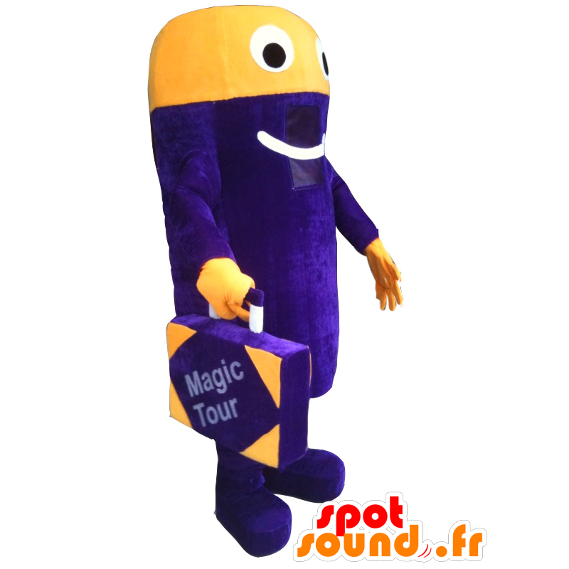 Purpurové a žluté sněhuláka maskot s kufrem - MASFR20199 - Neutajované Maskoti Purpurové a žluté sněhuláka maskot s kufrem - MASFR20199 - Neutajované Maskoti
