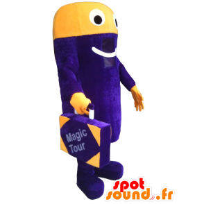 Roxo e amarelo mascote do boneco de neve com uma mala - MASFR20199 - Mascotes não classificados