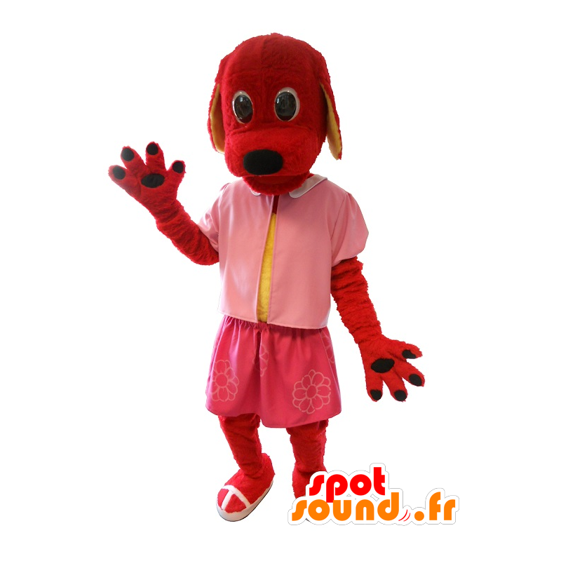 Red Dog maskot kledd i rosa - MASFR20218 - Dog Maskoter Red Dog maskot kledd i rosa - MASFR20218 - Dog Maskoter