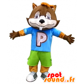 Big brown beaver mascot in colorful outfit - MASFR20221 - Beaver mascots