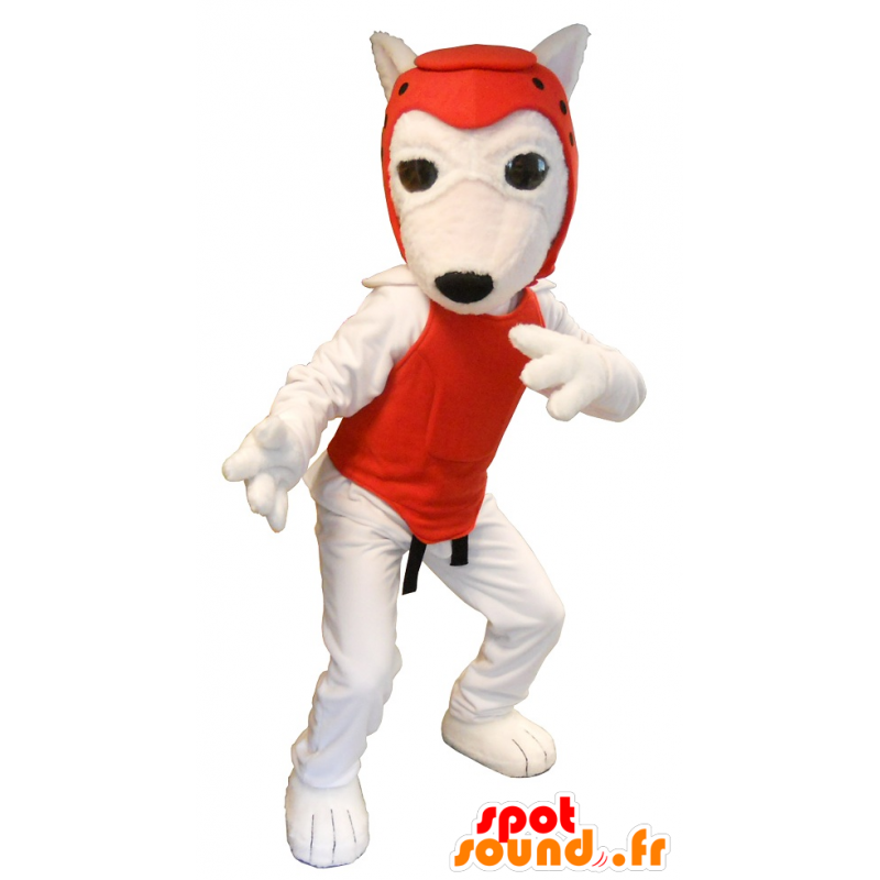Valkoinen koira maskotti pukeutunut Taekwondo - MASFR20227 - koira Maskotteja Valkoinen koira maskotti pukeutunut Taekwondo - MASFR20227 - koira Maskotteja
