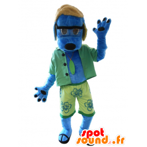 Blå hundemaskot, klædt i grønt - Spotsound maskot kostume