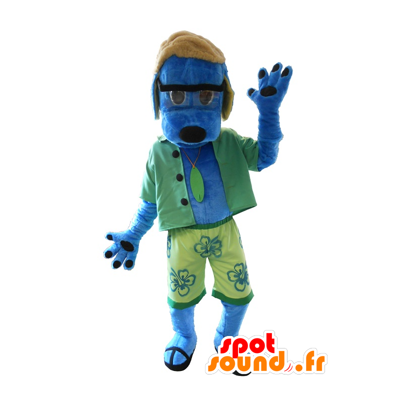Niebieski pies maskotka, ubrany w zielony - MASFR20254 - dog Maskotki Niebieski pies maskotka, ubrany w zielony - MASFR20254 - dog Maskotki