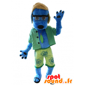 Blå hundemaskot, klædt i grønt - Spotsound maskot kostume