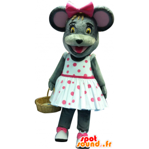 Graue Maus Maskottchen mit einem gepunkteten Kleid - MASFR20258 - Maus-Maskottchen