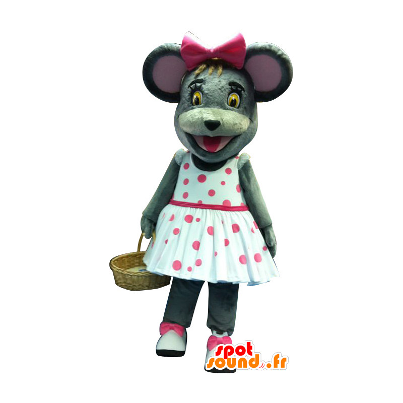 Graue Maus Maskottchen mit einem gepunkteten Kleid - MASFR20258 - Maus-Maskottchen Graue Maus Maskottchen mit einem gepunkteten Kleid - MASFR20258 - Maus-Maskottchen