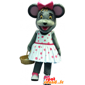 Graue Maus Maskottchen mit einem gepunkteten Kleid - MASFR20258 - Maus-Maskottchen