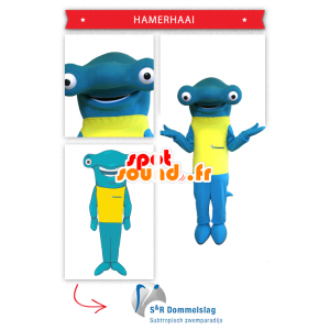 Hammerhead hajmaskot med en gul t-shirt - Spotsound maskot
