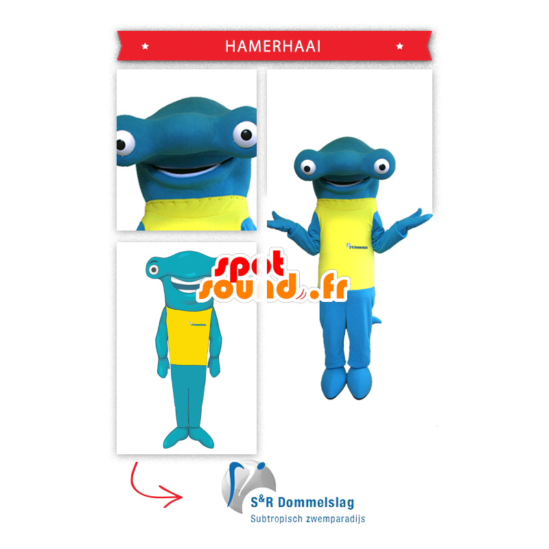 Mascot hammerhead, with a yellow t-shirt - MASFR20300 - Mascots shark Mascot hammerhead, with a yellow t-shirt - MASFR20300 - Mascots shark